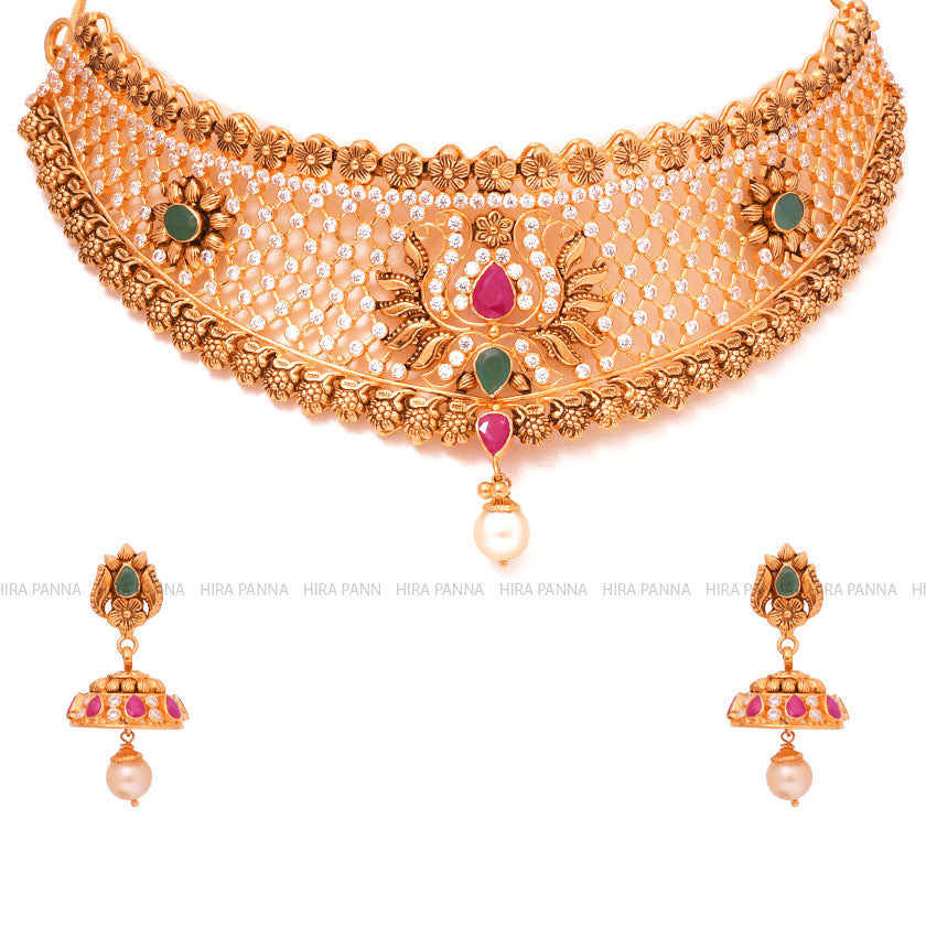 Kemp Stones Choker Necklace with Matching Earring Set for Saree Salwar